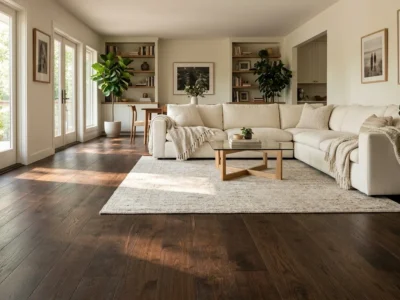 Dark wood flooring in a bright living room with a cream sofa and rug