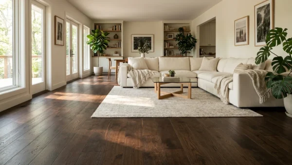 Dark wood flooring in a bright living room with a cream sofa and rug