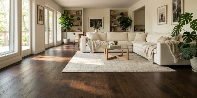 The Benefits Of Dark Wood Flooring Dark wood flooring in a bright living room with a cream sofa and rug
