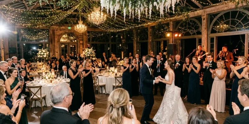 Bride and groom dancing in a candlelit barn venue under fairy lights while guests clap and a live band plays