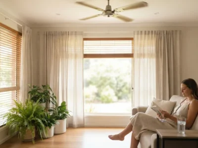 Woman reading on a sofa in a bright, calm living room