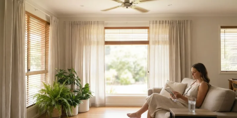 6 Questions to Ask When Choosing a New Home Woman reading on a sofa in a bright, calm living room