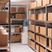 Cardboard boxes stored on metal shelves in a clean storage room