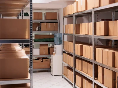 Cardboard boxes stored on metal shelves in a clean storage room
