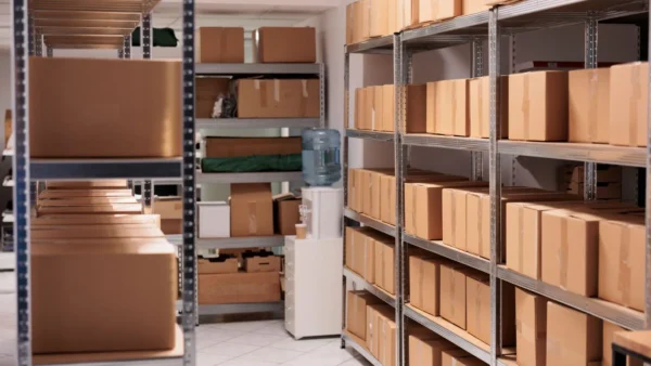 Cardboard boxes stored on metal shelves in a clean storage room