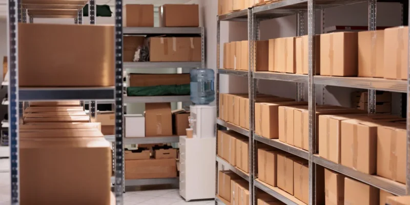 Cardboard boxes stored on metal shelves in a clean storage room