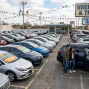 A couple talking with a salesperson beside an SUV on a used car lot