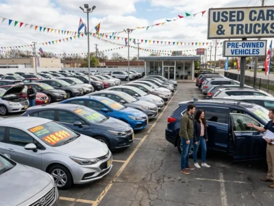 A couple talking with a salesperson beside an SUV on a used car lot