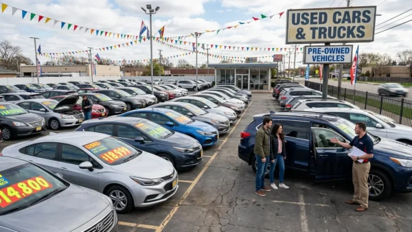 A couple talking with a salesperson beside an SUV on a used car lot