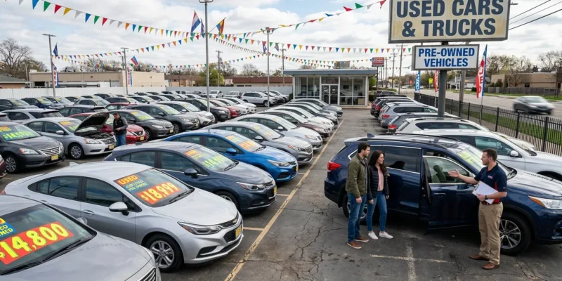 A couple talking with a salesperson beside an SUV on a used car lot