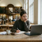 Student writing research notes with a laptop in a library