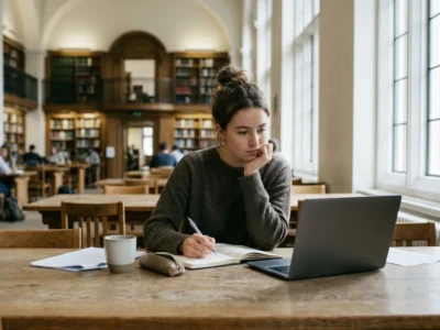 Student writing research notes with a laptop in a library
