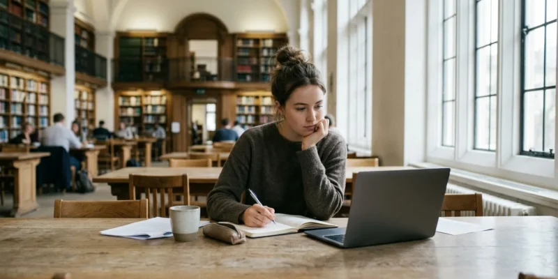 Writing & research tools for students and researchers Student writing research notes with a laptop in a library